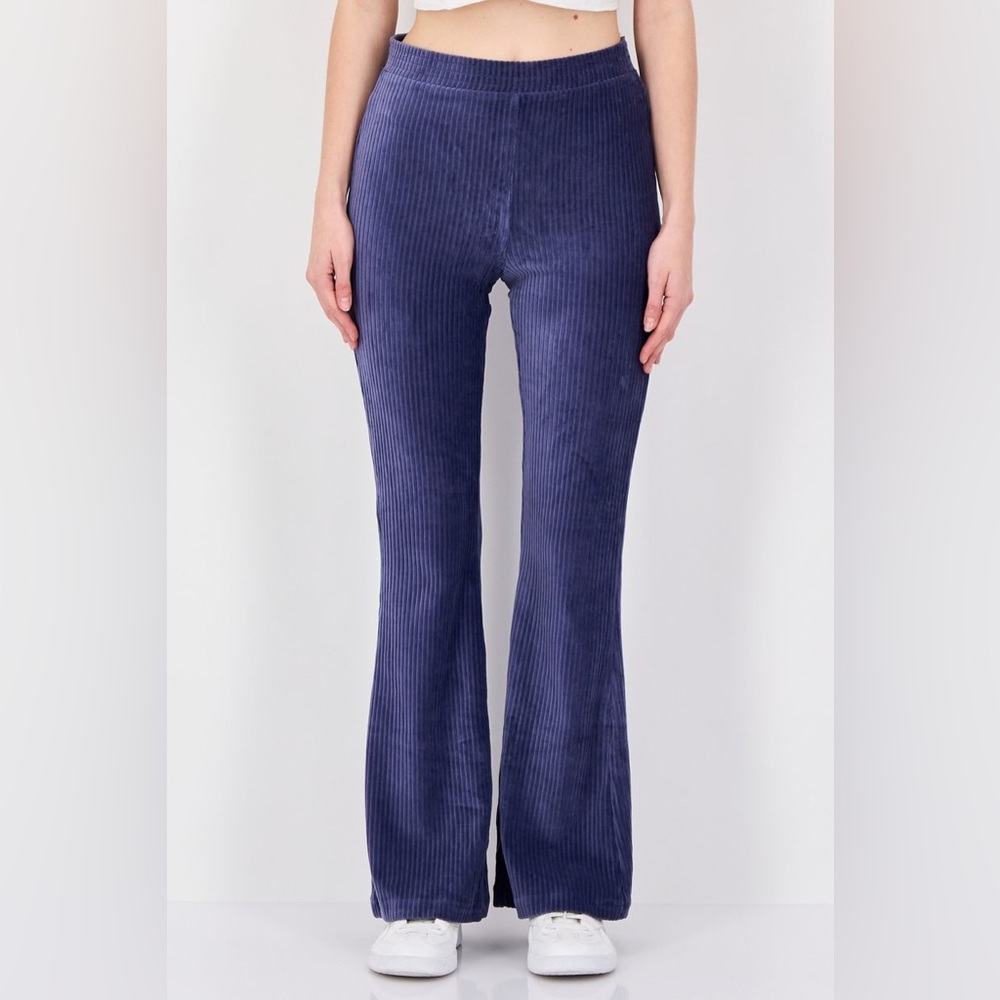 Aerie Ribbed Flare Pants Dusty Blue Pull On Stretch Mid Rise Size M